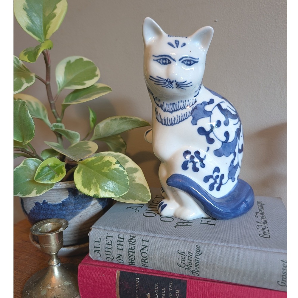 Vintage Blue and White Chinoiserie Ceramic Cat Figurine Hand Painted Porcelain